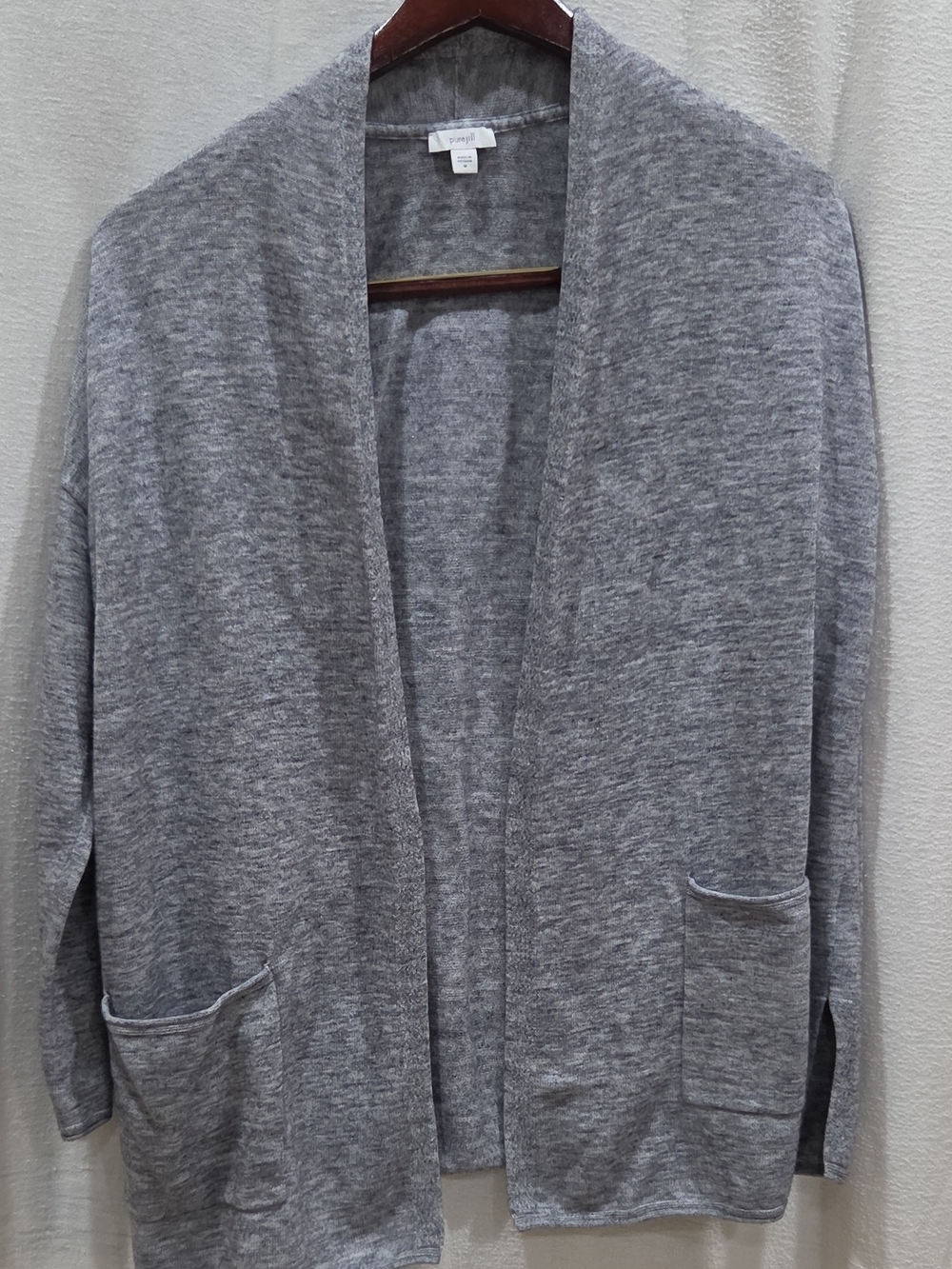 Pure Jill Womens M Gray Knit Cardigan Sweater Open Front V-Neck Pockets